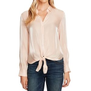 Vince Camuto Tie-Front Blush Collared Blouse Shimmer Pink Button Down Small